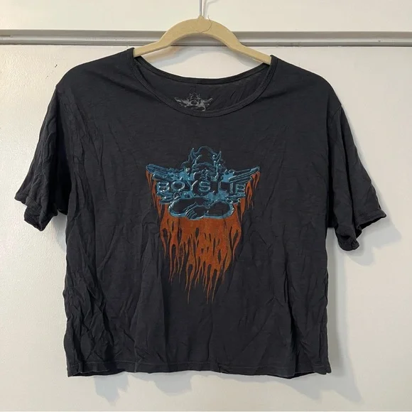 Boys Lie Ask me if I care slub tee charcoal Crop Top Revolve Blue Orange Graphic - Picture 2 of 4